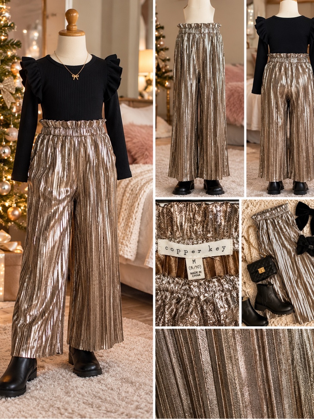 Copper Key Girls Size 8/10 Metallic Gold Pleated Wide Leg Pants Holiday Party